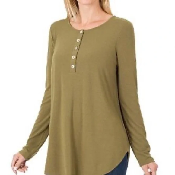 Olive Green Long Sleeve Henley Top | Women’s Medium - Picture 6 of 6